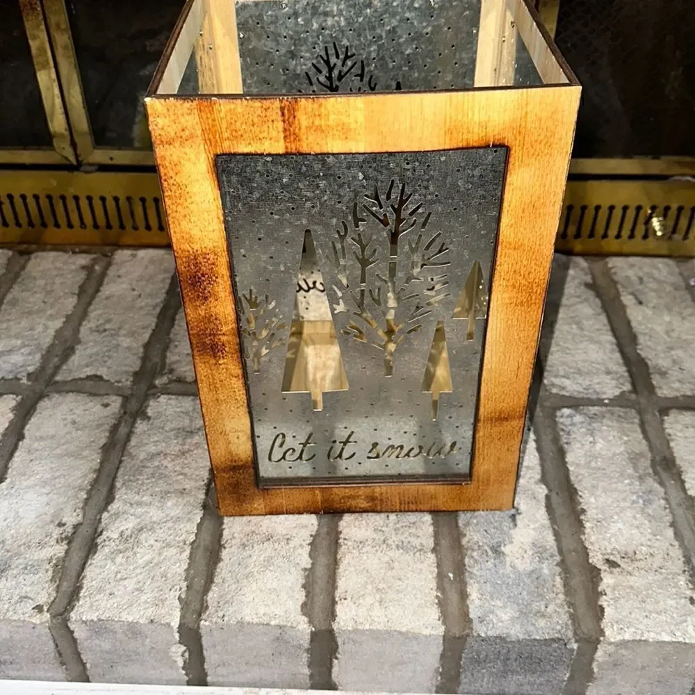 Torched Wood Tin Metal Combo Winter Holiday Gift Box Candle Light Holder